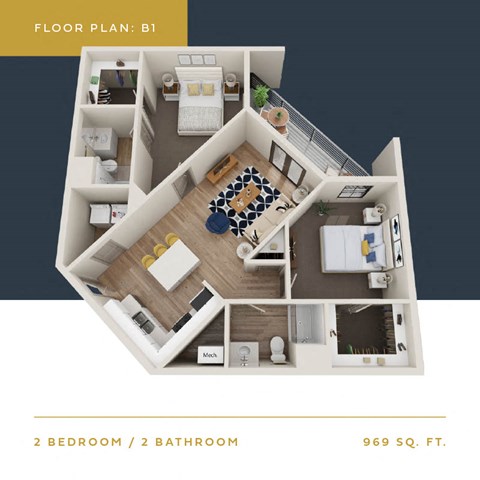 Floor plan for 2 beds, 2 baths, 969 sqft